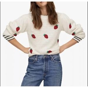 Mango Cream Sweater with Red Strawberry Embroidery